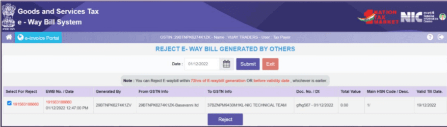 reject e-way bill