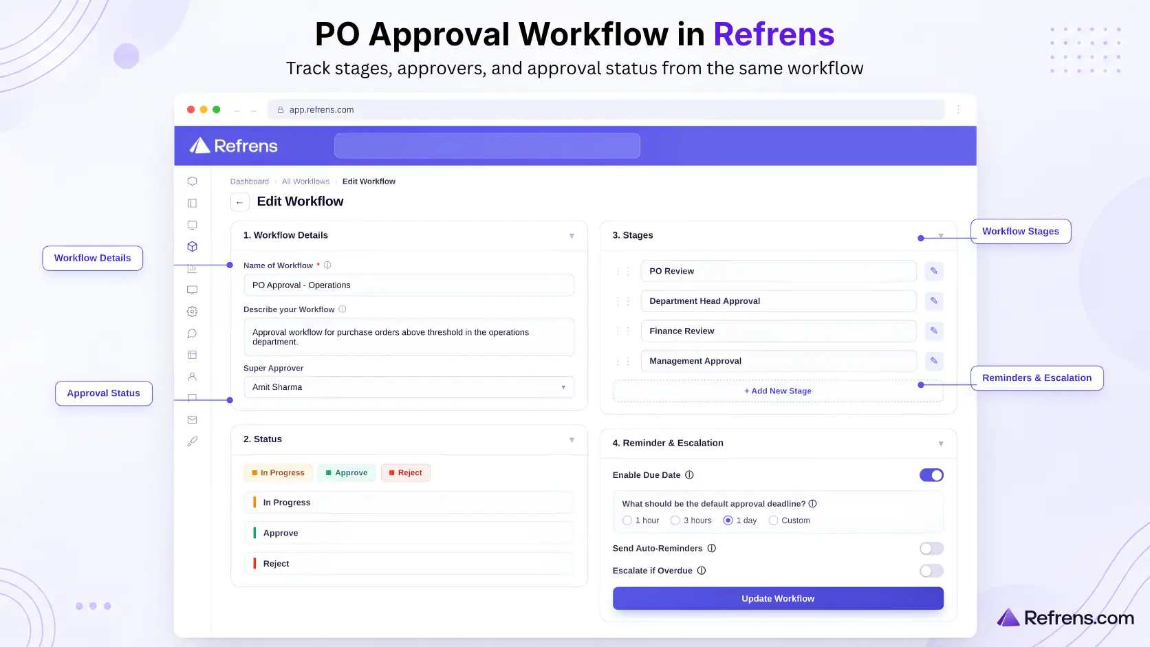 Purchase Order approval workflow in Refrens with stages and approvers
