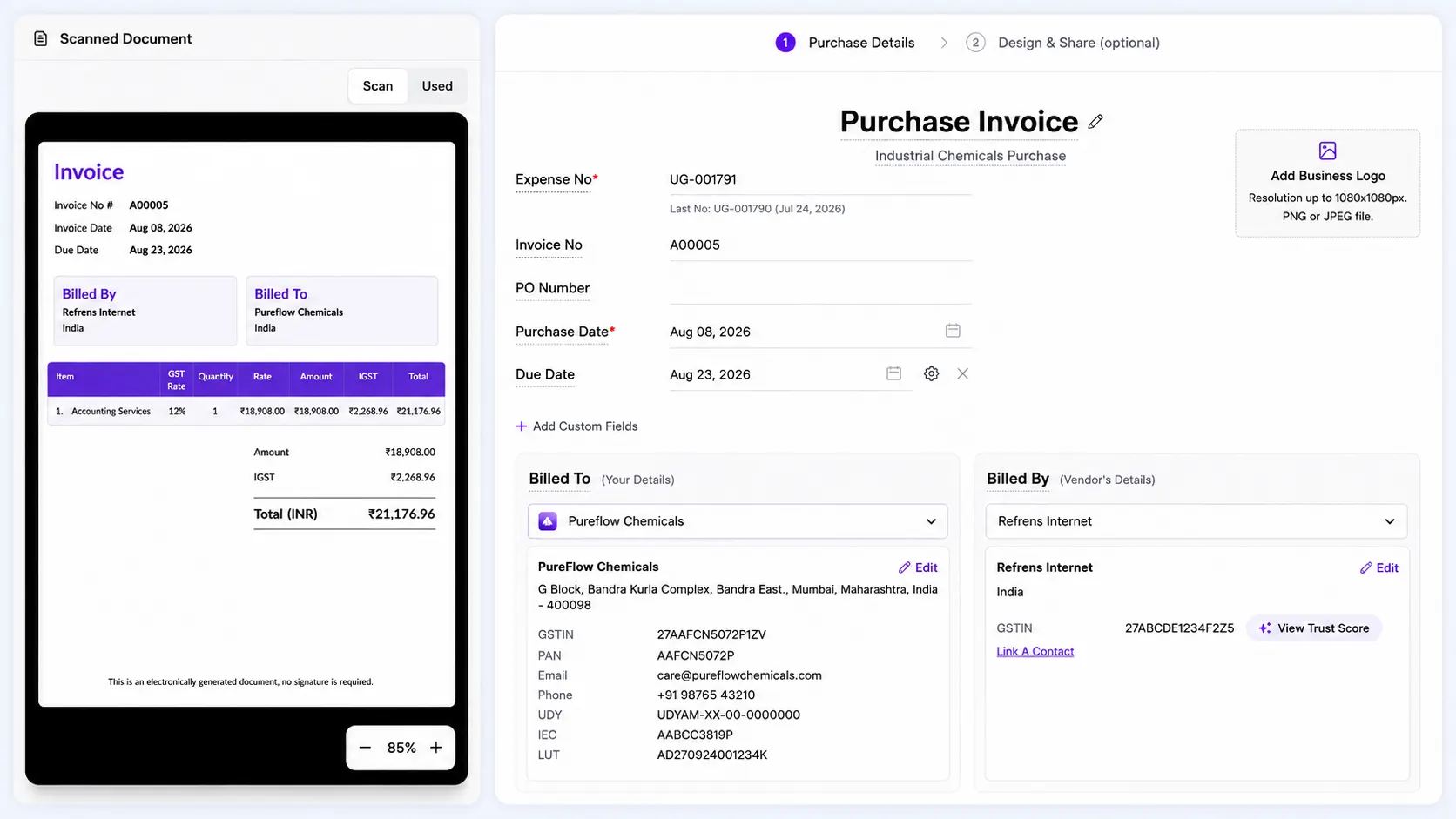 refrens-eagle-ocr-purchase-invoice-review Refrens Eagle showing the original scanned invoice beside a prepared Purchase Invoice for review.