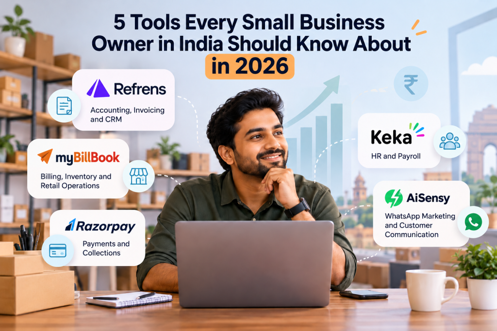 5 tools every small business owner in India should know about in 2026, featuring Refrens, myBillBook, Razorpay, Keka, and AiSensy